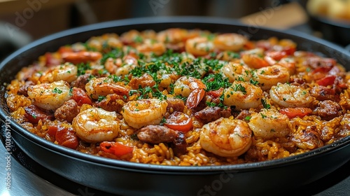 Traditional Spanish paella with a mix of seafood, chicken, and chorizo, served in a wide pan with a sprinkle of fresh parsley on top