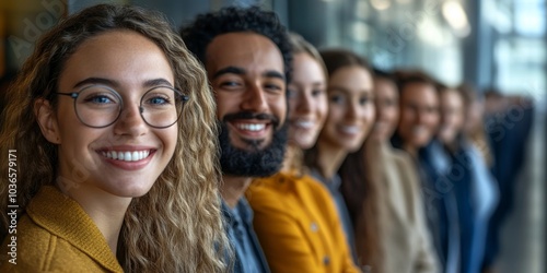 Obraz na płótnie Group of happy businesspeople smiling while waiting in line, Generative AI w salonie