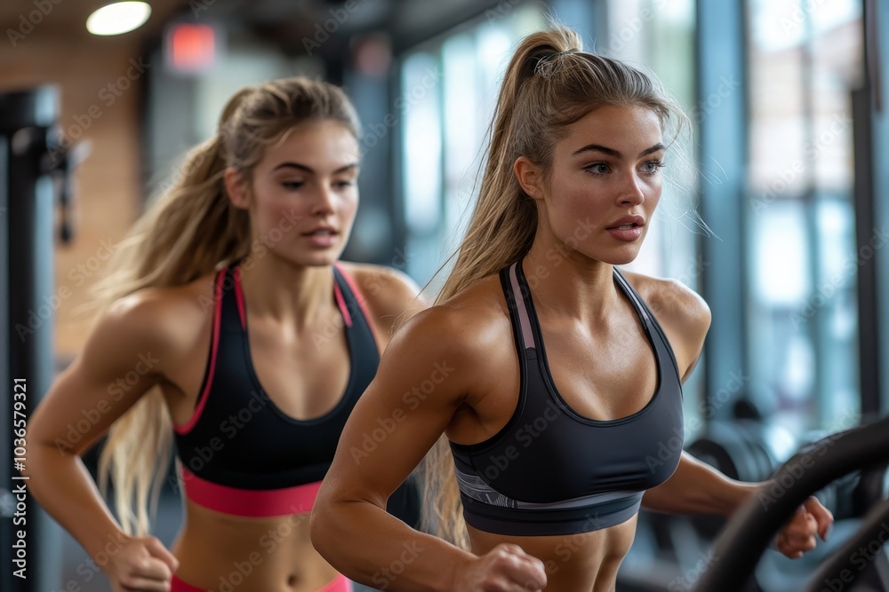 Two females exercising together in fitness studio, Generative AI