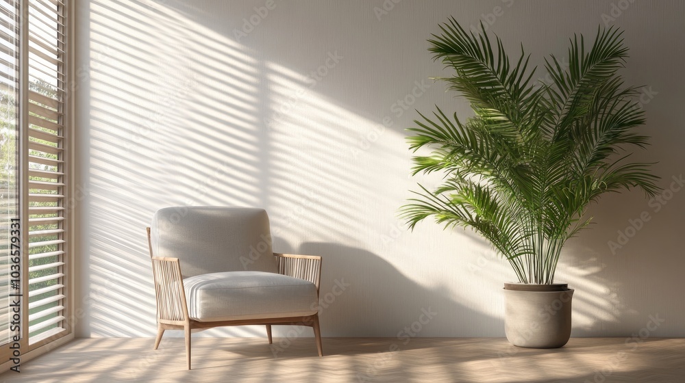 3D rendering of a soft armchair and houseplant positioned near a large window with blinds in a spacious room Interior design 3D rendering of a soft armchair and houseplant positioned near a large window with blinds in a spacious room Interior design