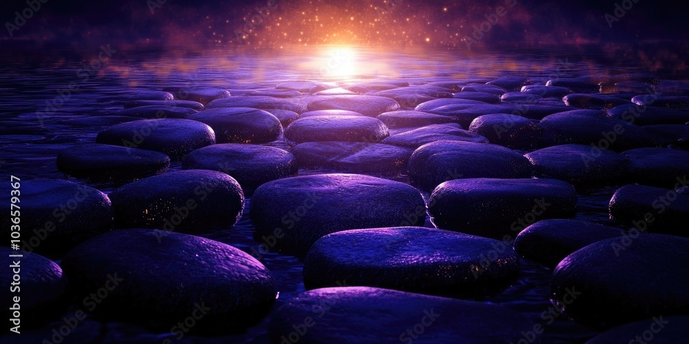 Obraz premium Light patterns reflected on flowing river stones create a natural texture background, Reflections of light on river stones create a textured background