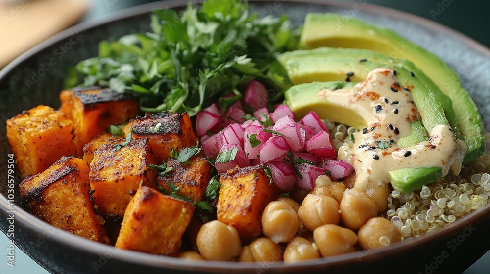 Vegan Buddha bowl with quinoa, roasted sweet potatoes, chickpeas, avocado slices, and a tahini dressing drizzle, arranged in vibrant colors Vegan Buddha bowl with quinoa, roasted sweet potatoes, chickpeas, avocado slices, and a tahini dressing drizzle, arranged in vibrant colors