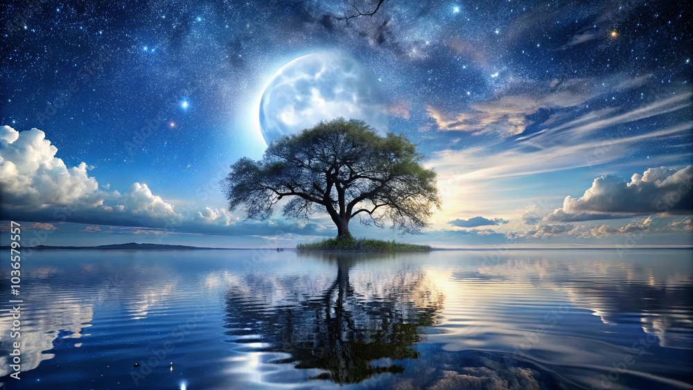 A solitary tree standing tall on a small island in the middle of a still lake, bathed in the glow of a full moon and a sky filled with twinkling stars. A solitary tree standing tall on a small island in the middle of a still lake, bathed in the glow of a full moon and a sky filled with twinkling stars.