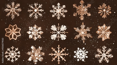 Raster illustration of isolated brown snowflakes Elegant winter decoration Watercolor snowflakes set against a brown background