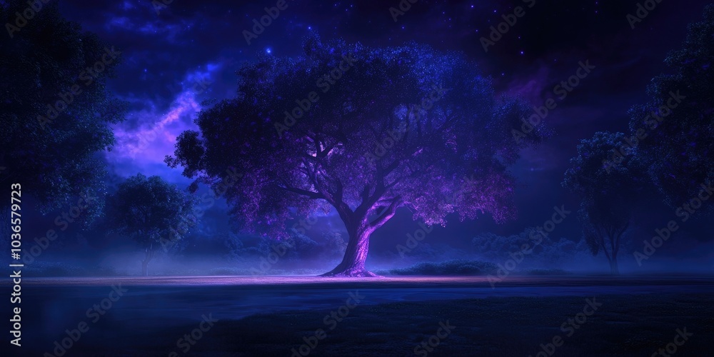 A nighttime view of a tree adjacent to a park, Nighttime park tree view