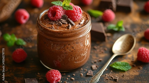 Vegan chocolate avocado mousse topped with fresh raspberries and cacao nibs, served in a small glass dessert cup