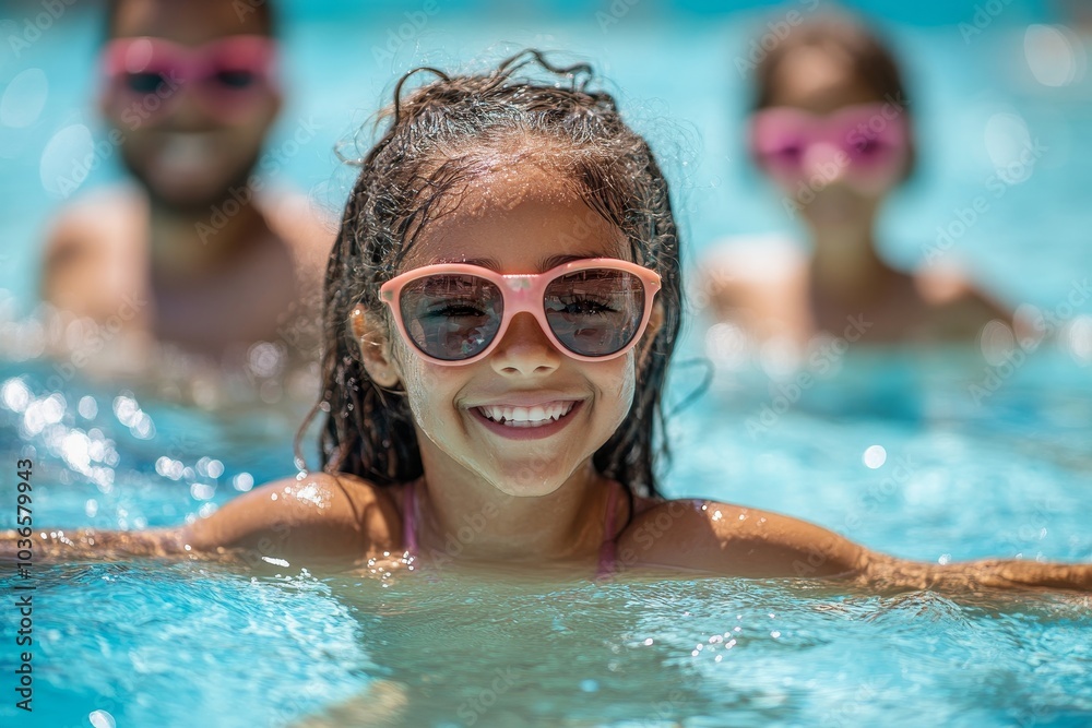 Family enjoying a hot summer day at the pool, Generative AI