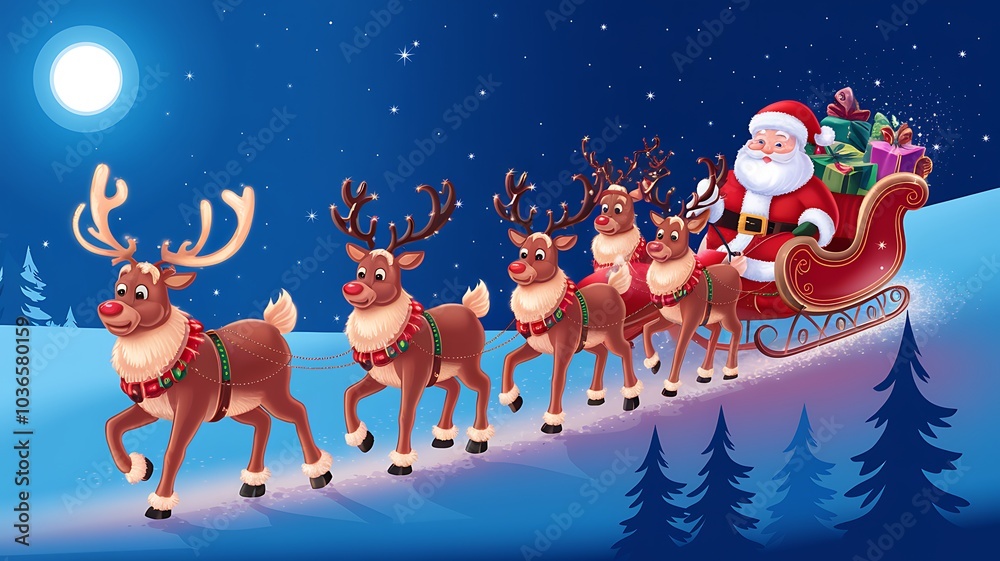 Fototapeta premium Santa Claus Riding in a Sleigh Pulled by Reindeer on a Snowy Night
