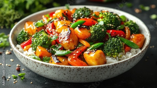 Vegetable stir-fry with colorful bell peppers, broccoli, carrots, and snap peas, served over a bed of fluffy jasmine rice in a white bowl