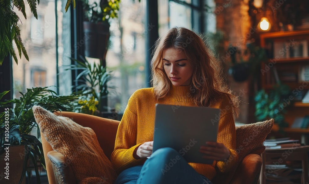 Female entrepreneur having a virtual meeting in a co-working space, Generative AI