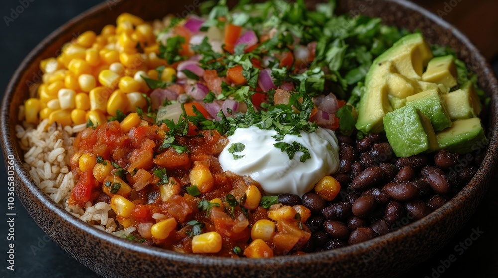Vegetarian burrito bowl with black beans, brown rice, corn, avocado, and fresh salsa, topped with a dollop of Greek yogurt Vegetarian burrito bowl with black beans, brown rice, corn, avocado, and fresh salsa, topped with a dollop of Greek yogurt