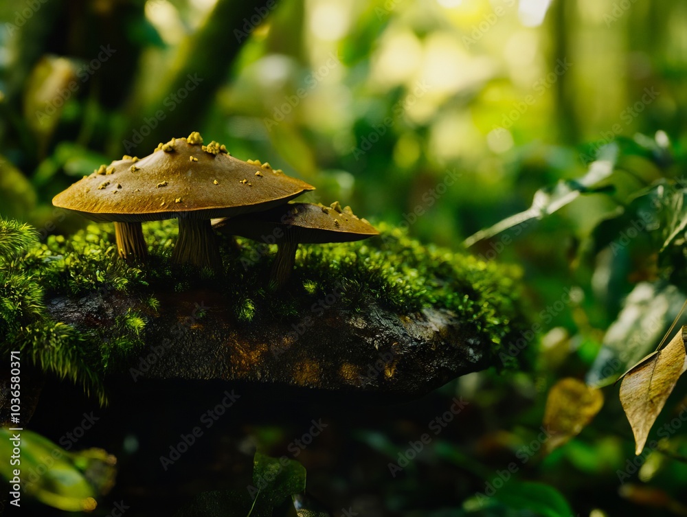 Fototapeta premium A group of mushrooms sitting on top of a moss covered log