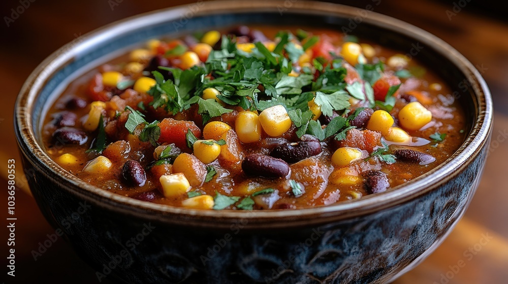 Vegetarian chili with beans, tomatoes, corn, and peppers, garnished with fresh cilantro and served in a ceramic bowl Vegetarian chili with beans, tomatoes, corn, and peppers, garnished with fresh cilantro and served in a ceramic bowl