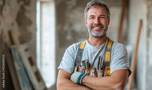 Happy mature worker with tool belt renovating interior of a home, Generative AI