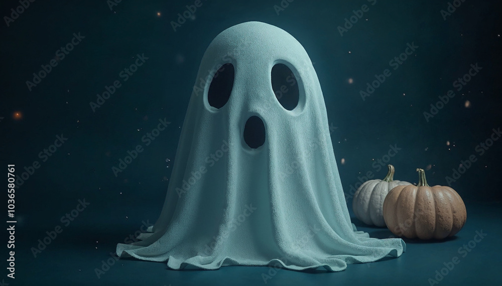 A 3D ghost with glowing eyes, positioned in front of a dark blue background, framed by a collection of Halloween icons like skulls and spiders, highlighting the black and white color contrast in the d A 3D ghost with glowing eyes, positioned in front of a dark blue background, framed by a collection of Halloween icons like skulls and spiders, highlighting the black and white color contrast in the d