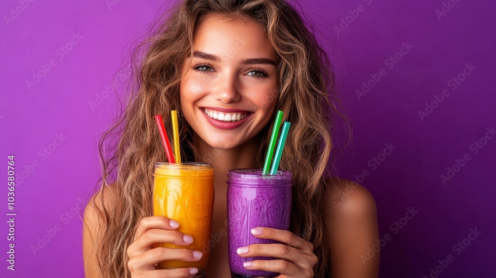Cheerful woman holding a colorful smoothie, standing on a vibrant purple background, Generative AI
