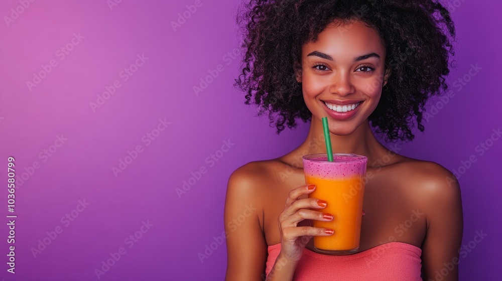 Cheerful woman holding a colorful smoothie, standing on a vibrant purple background, Generative AI