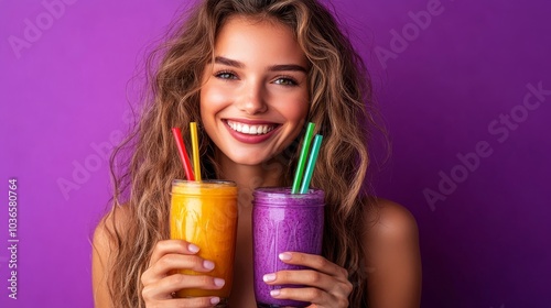 Cheerful woman holding a colorful smoothie, standing on a vibrant purple background, Generative AI