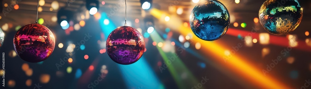 Fototapeta premium Colorful disco balls reflect vibrant lights in a festive atmosphere, perfect for celebrations and party scenes.