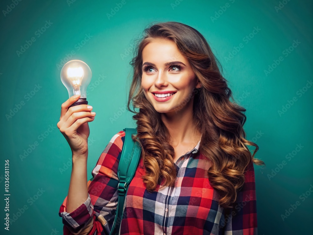 Young woman student with a lightbulb representing bright ideas and future potential. Young woman student with a lightbulb representing bright ideas and future potential.