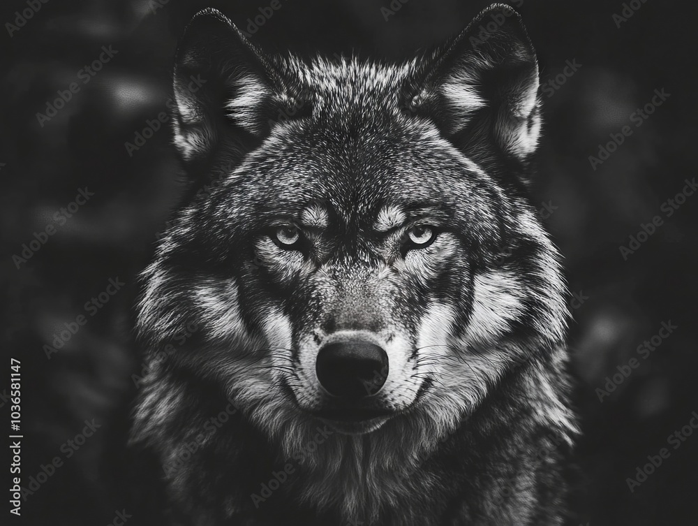 Fototapeta premium A black and white photo of a wolf in the woods