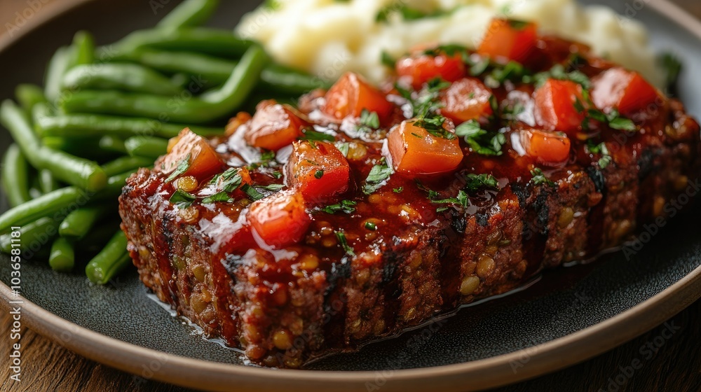 Vegetarian lentil loaf topped with tomato glaze, served with a side of mashed potatoes and green beans Vegetarian lentil loaf topped with tomato glaze, served with a side of mashed potatoes and green beans