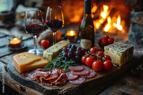 Close-up of a glass of red wine on a table with blurred fireplace in the background and charcuterie board with different cheese at a cozy evening	 photo