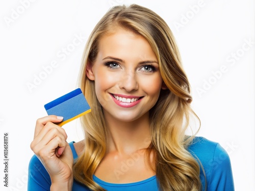 Young woman swipes credit card, ready for purchase.