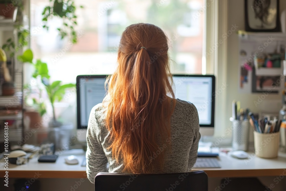 Woman working at home office, Generative AI