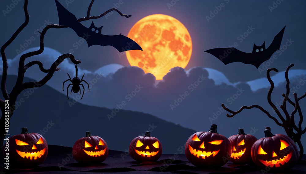 Spooky Halloween invitation background with cut-out clouds, soaring bats, and carved pumpkins. An orange full moon illuminates the night sky, a dense spider web, and a simmering witch's cauldron. Rese Spooky Halloween invitation background with cut-out clouds, soaring bats, and carved pumpkins. An orange full moon illuminates the night sky, a dense spider web, and a simmering witch's cauldron. Rese