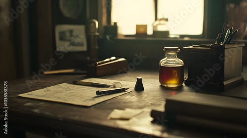 86. A nostalgic view of a writing desk with a pencil sharpener, an eraser, and an ink bottle, captured using a classic camera's warm tones photo