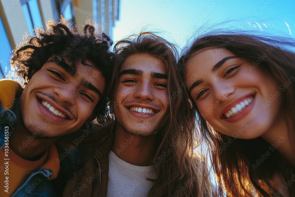 Low angle view of three friends smiling cheerfully, Generative AI