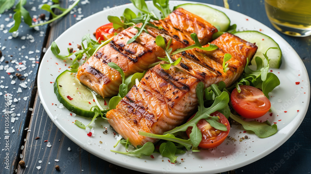 Fried salmon steak with vegetables on wooden table. Close up of cooked salmon served in white plate decorated with salad. Fried salmon steak with vegetables on wooden table. Close up of cooked salmon served in white plate decorated with salad.