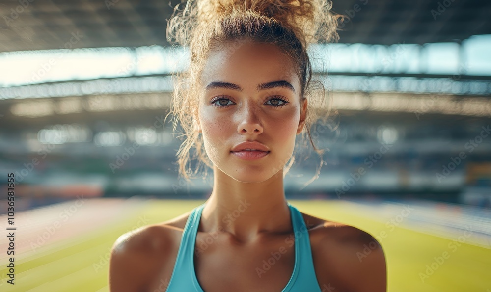 Female athlete standing inside a stadium, Generative AI