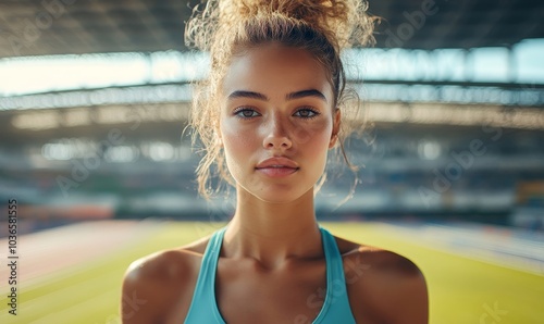 Obraz na płótnie Female athlete standing inside a stadium, Generative AI w salonie