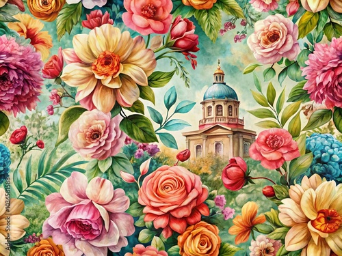 Watercolor blooms intertwine with architectural details in a seamless pattern.