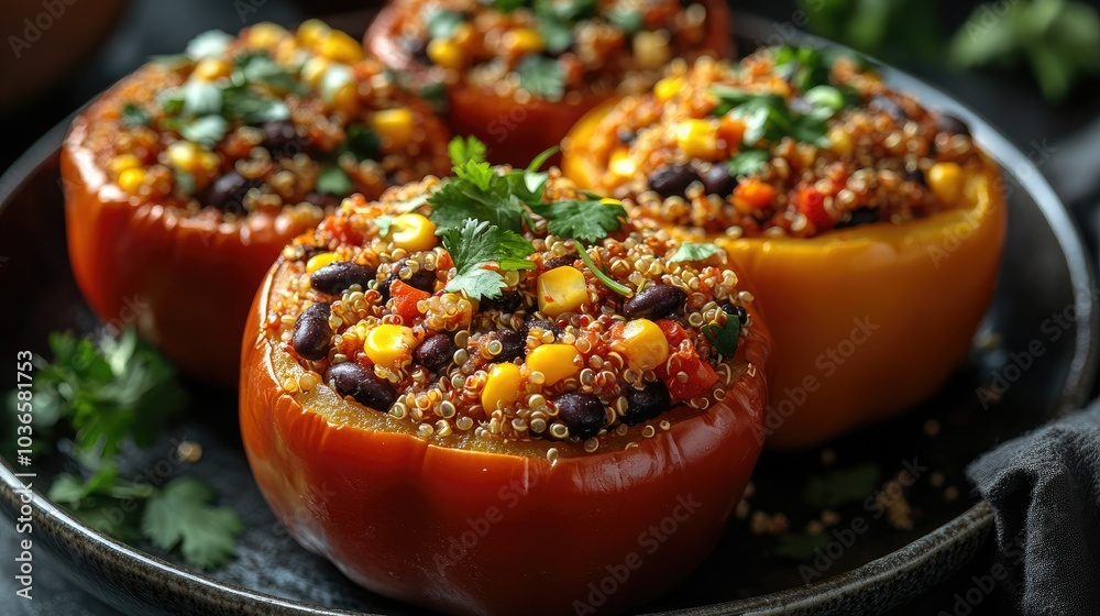 Vegetarian stuffed bell peppers filled with quinoa, black beans, corn, and cheese, baked to perfection and garnished with cilantro Vegetarian stuffed bell peppers filled with quinoa, black beans, corn, and cheese, baked to perfection and garnished with cilantro