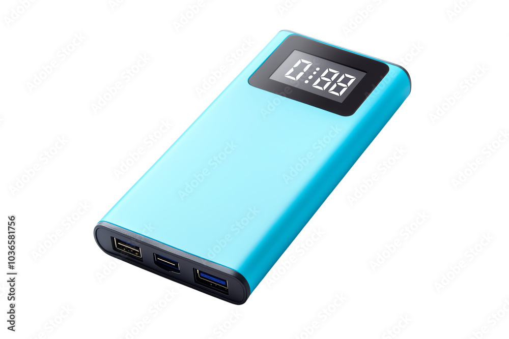 Portable power bank charger in blue color with digital display for charging devices, isolated on white background. transparent background