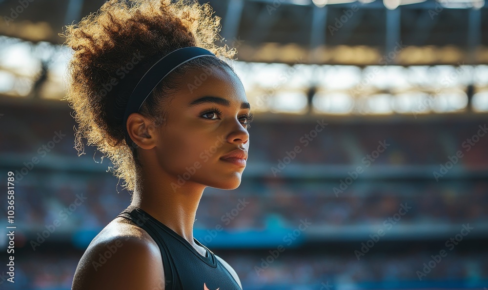 Female athlete standing inside a stadium, Generative AI