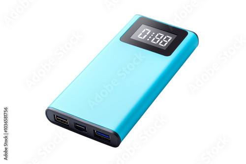 Obraz na płótnie Portable power bank charger in blue color with digital display for charging devices, isolated on white background. transparent background w salonie