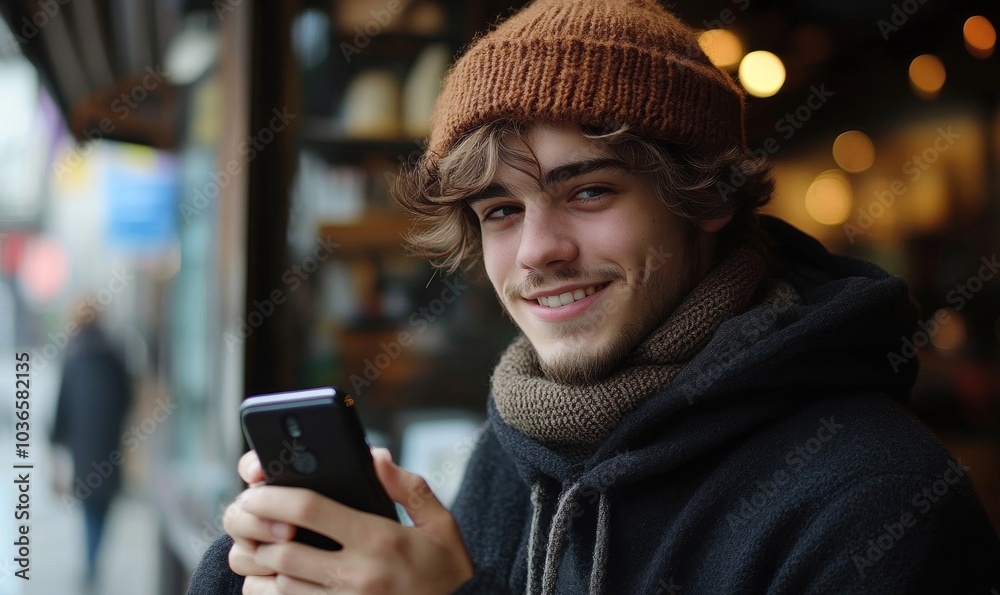 Handsome young man having coffee and using mobile phone, Generative AI