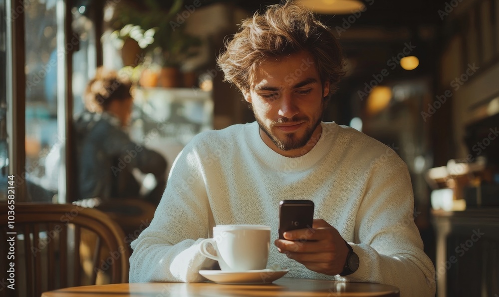 Handsome young man having coffee and using mobile phone, Generative AI
