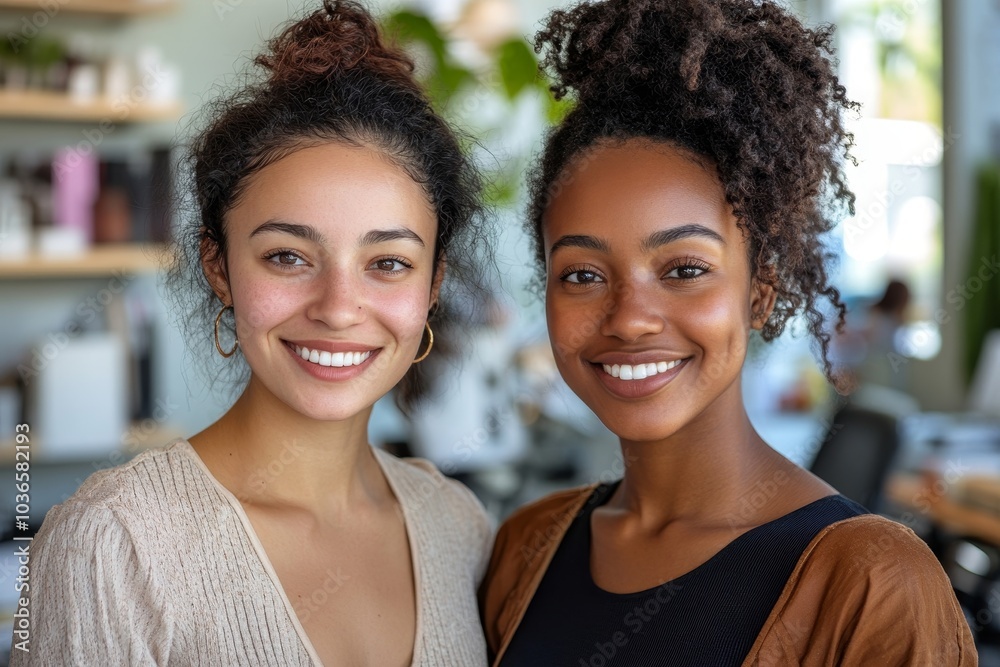 Multiethnic female entrepreneurs smiling at the camera in an office, Generative AI