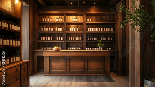 A wooden room with a desk and shelves full of bottles. The room has a warm and inviting atmosphere