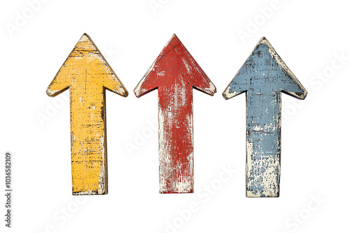 Three colorful arrows in yellow, red, and blue on a white isolated background. transparent background