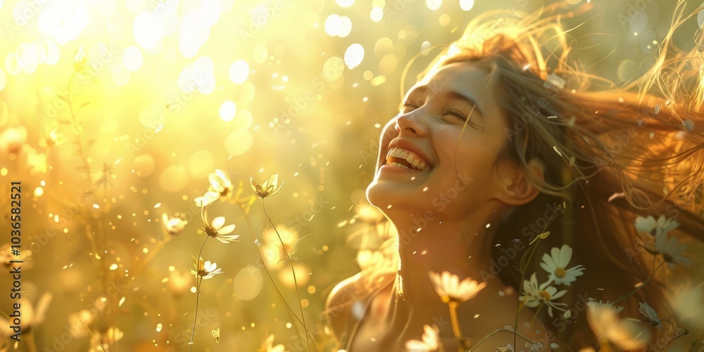 Joyful Woman Enjoying Nature in a Sunlit Field of Wildflowers with a Radiant Smile and Flowing Hair Joyful Woman Enjoying Nature in a Sunlit Field of Wildflowers with a Radiant Smile and Flowing Hair