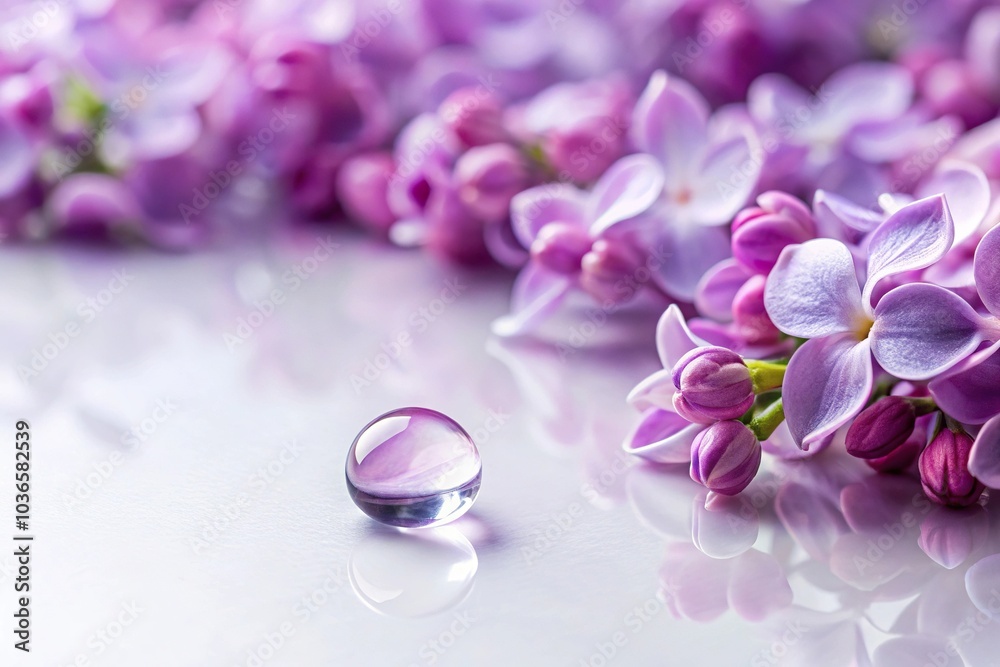 Lilac petals scattered on a white background with a single droplet of dripping slime, isolated against a plain surface, design, slime, isolate