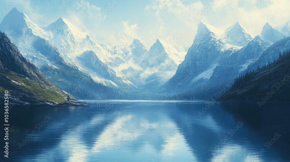 Fototapeta premium Oil painting of a serene mountain lake surrounded by peaks capturing the beauty of nature and tranquility