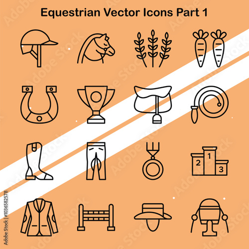 Set of equestrian icons illustrating horse riding and equestrian sports suitable for sports and recreation themes.