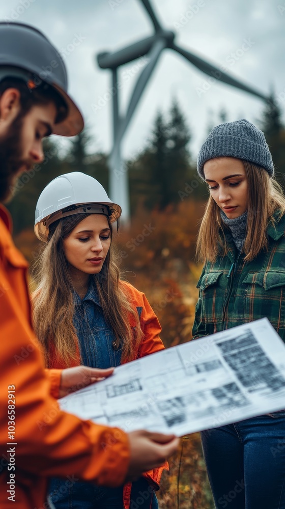 Group of engineers working on a wind turbine project, Generative AI